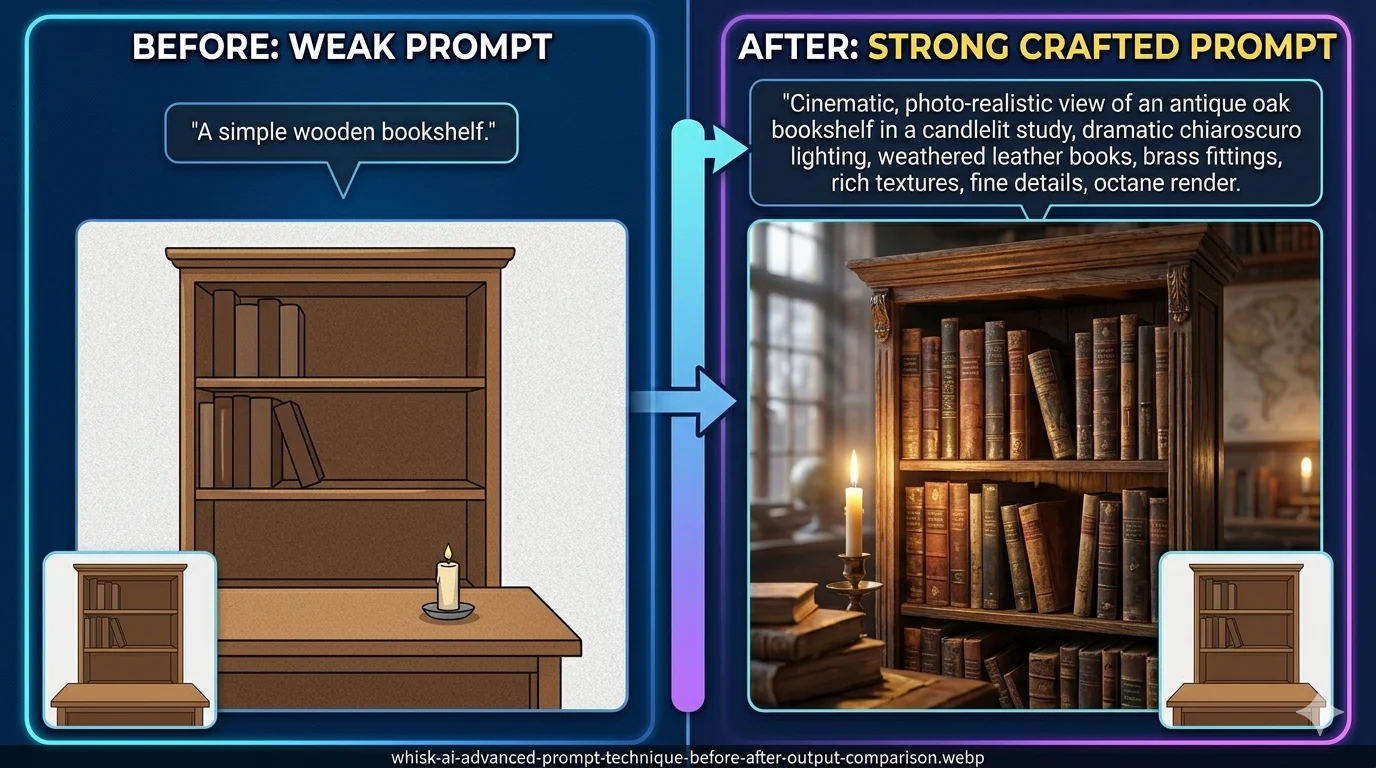 Before and after comparison of Whisk AI outputs showing weak versus well-crafted text prompt results using the same subject image