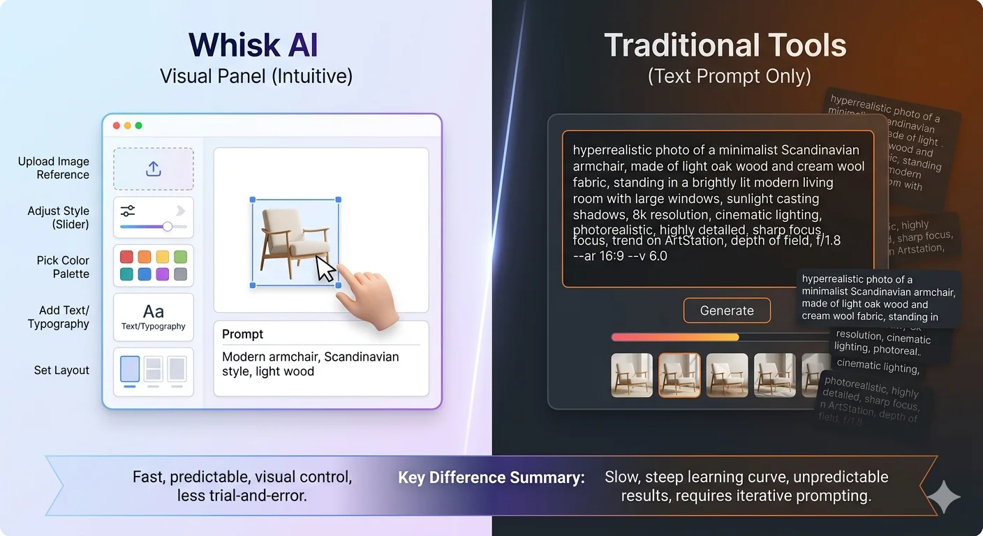 Comparison of Google Whisk AI image-based input versus traditional text-to-image prompt tools like Midjourney and DALL-E