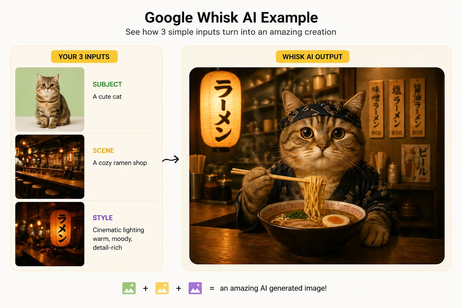 Google Whisk AI example showing three input images — a cat, a ramen shop, and an anime style — combined into one generated image