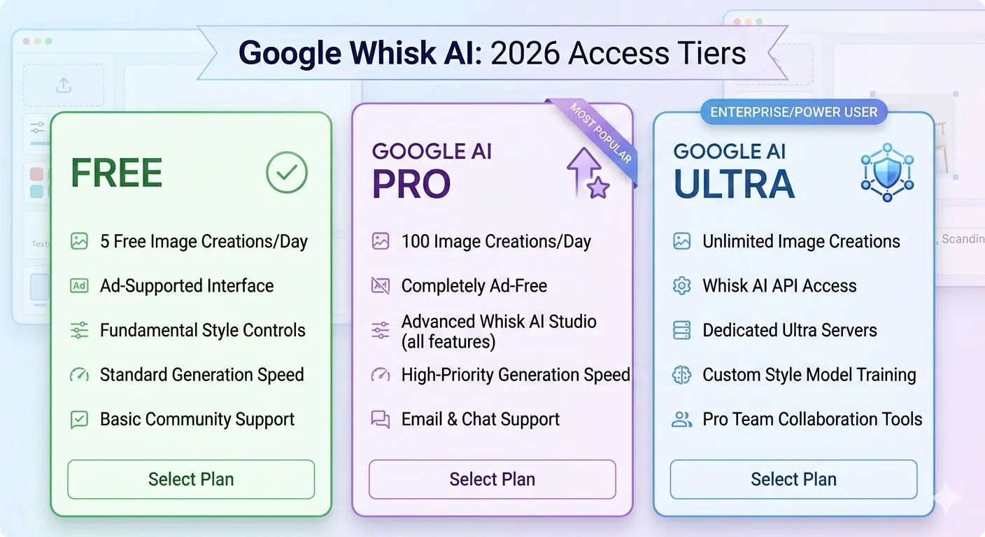 Google Whisk AI pricing tiers in 2026 — free access versus Google AI Pro and Ultra subscription plans