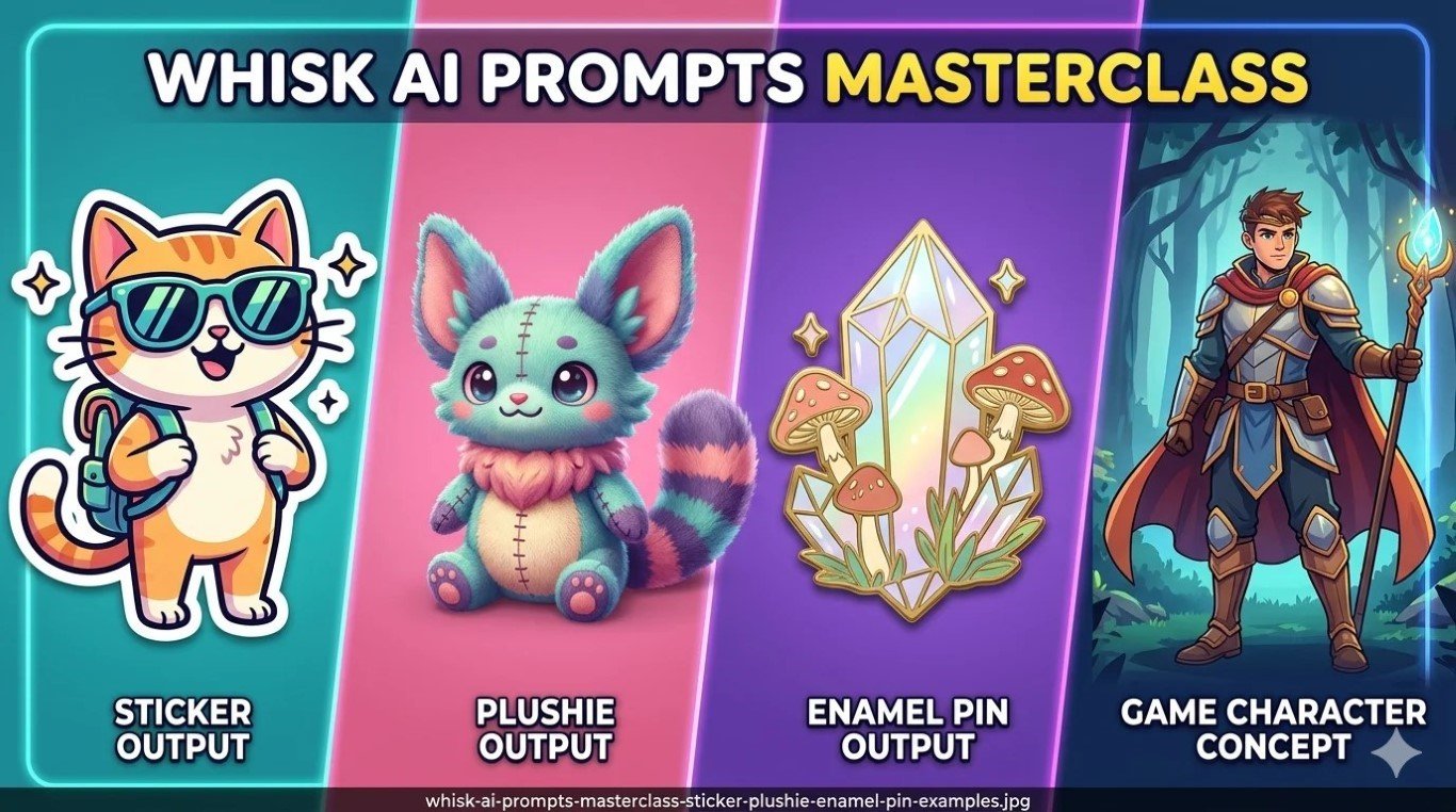 Google Whisk AI prompt results showing sticker, plushie, enamel pin, and game character style outputs side by side