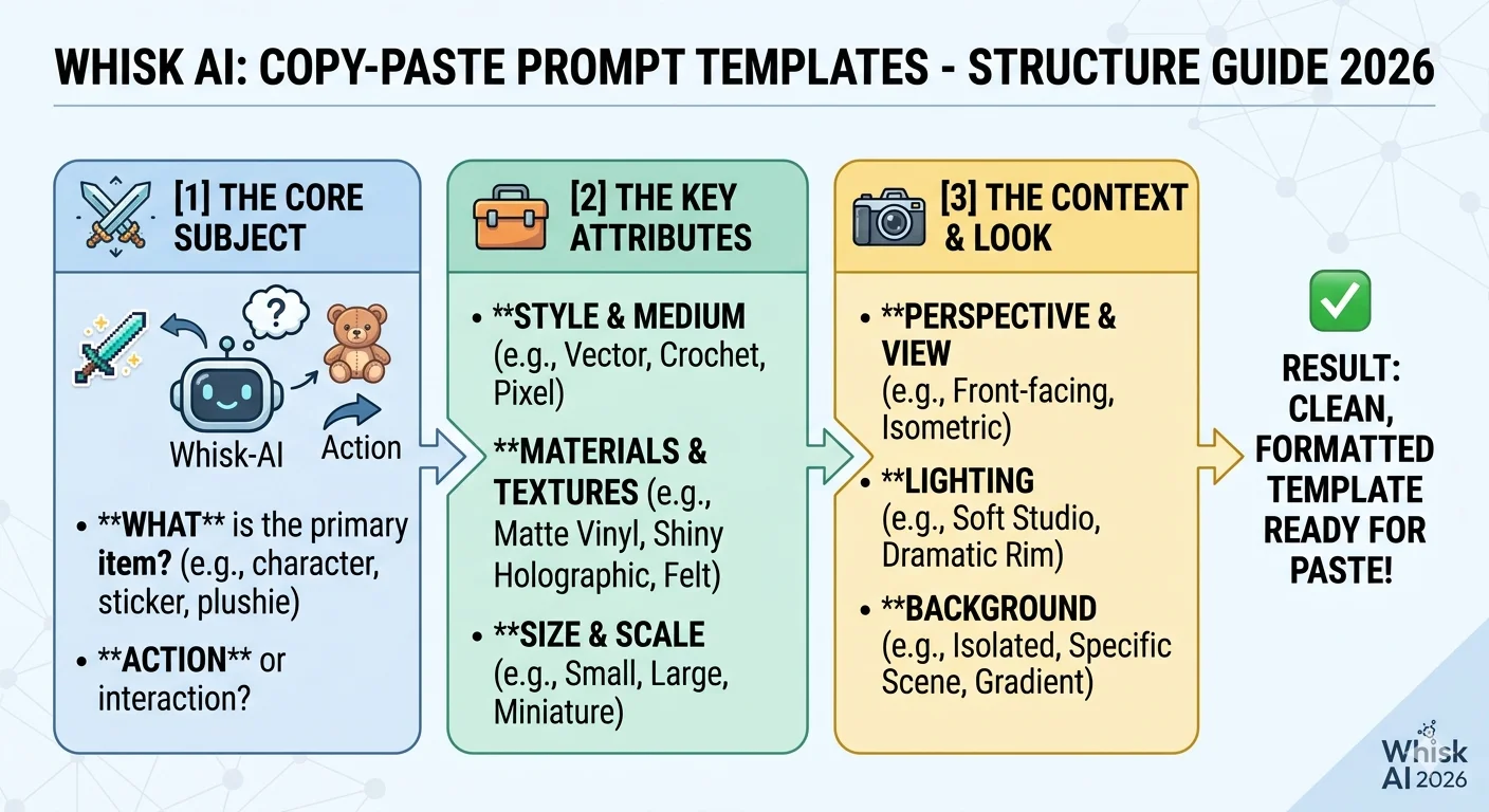 Whisk AI copy-paste prompt template structure showing material, lighting, quality anchor, and composition format for stickers, plushies, and game assets