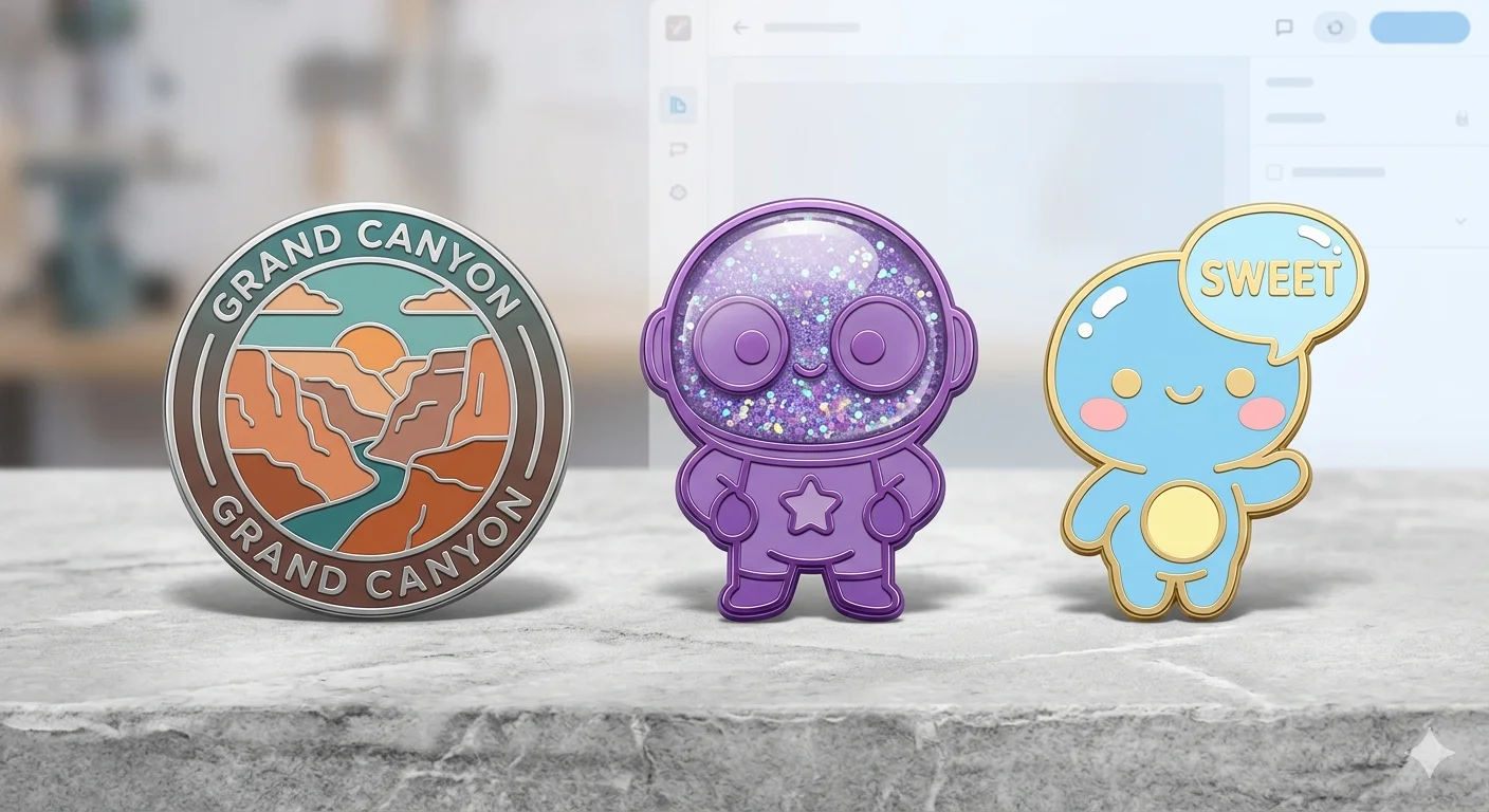 Whisk AI enamel pin prompt results showing hard enamel, glitter dome, and kawaii pin styles generated from image and text inputs