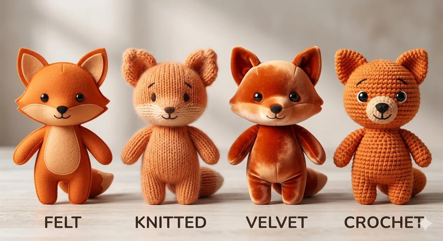 Whisk AI plushie material comparison showing felt, knitted wool, velvet, and crochet texture differences across identical subject inputs