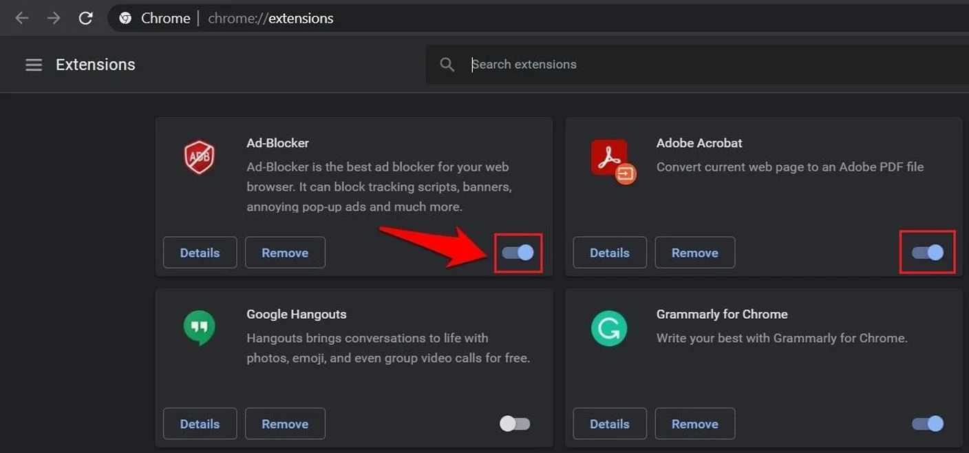 Chrome extensions panel showing how to disable ad blockers causing Whisk AI not working errors with Incognito mode test