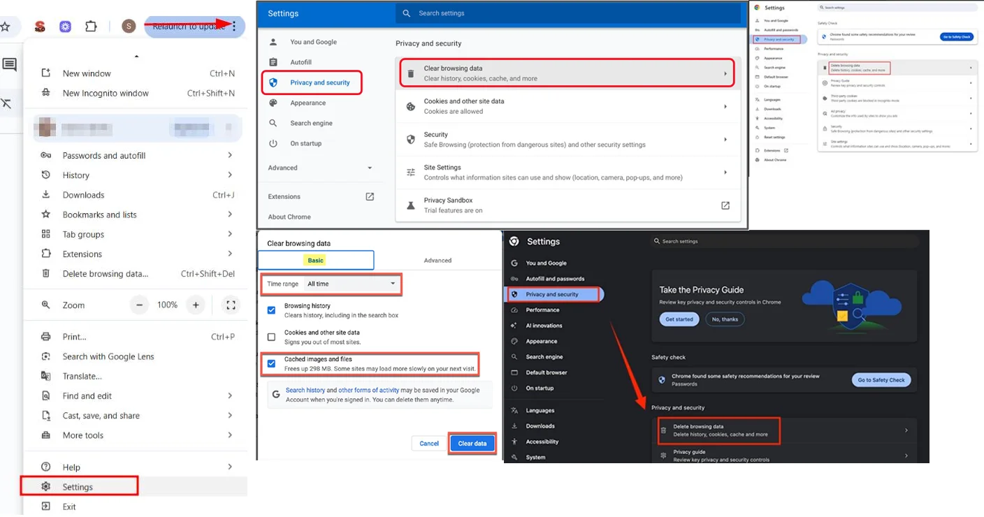 Chrome browser clear browsing data settings showing how to fix Whisk AI not working by clearing cache and cookies