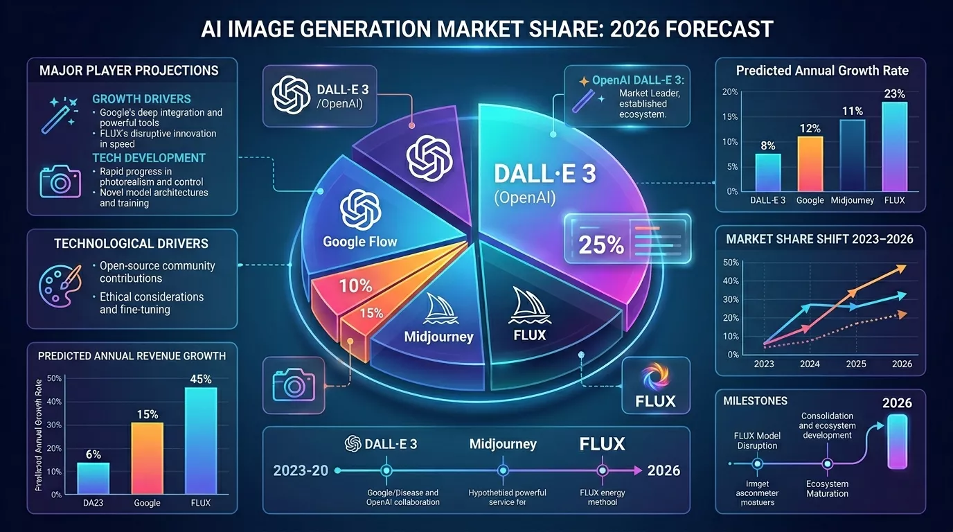 AI image generator market share 2026 Google Flow DALL-E 3 FLUX Midjourney