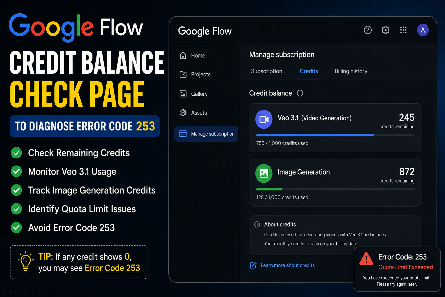 Google Flow credit balance page showing remaining Veo 3.1 and image generation credits to diagnose Error Code 253 quota limit