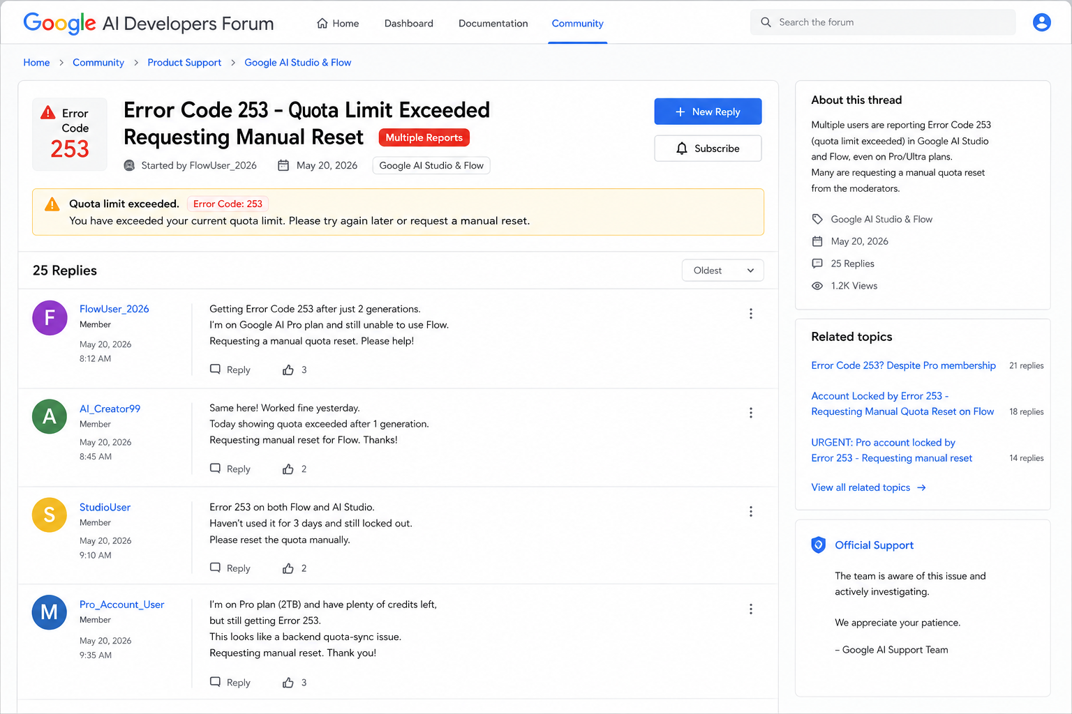 Google AI Developers Forum showing Error Code 253 quota limit manual reset request thread with multiple user reports in May 2026