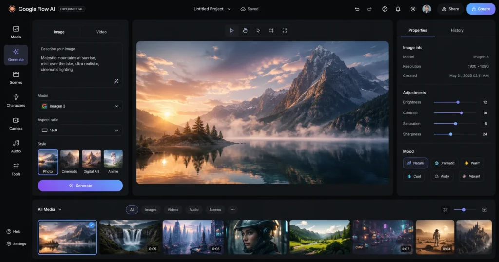 Google Flow AI interface 2026 — complete guide to features pricing and how to use
