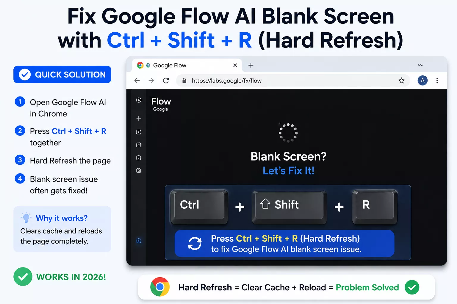 Chrome browser showing Ctrl Shift R hard refresh shortcut to fix Google Flow AI blank screen problem solution