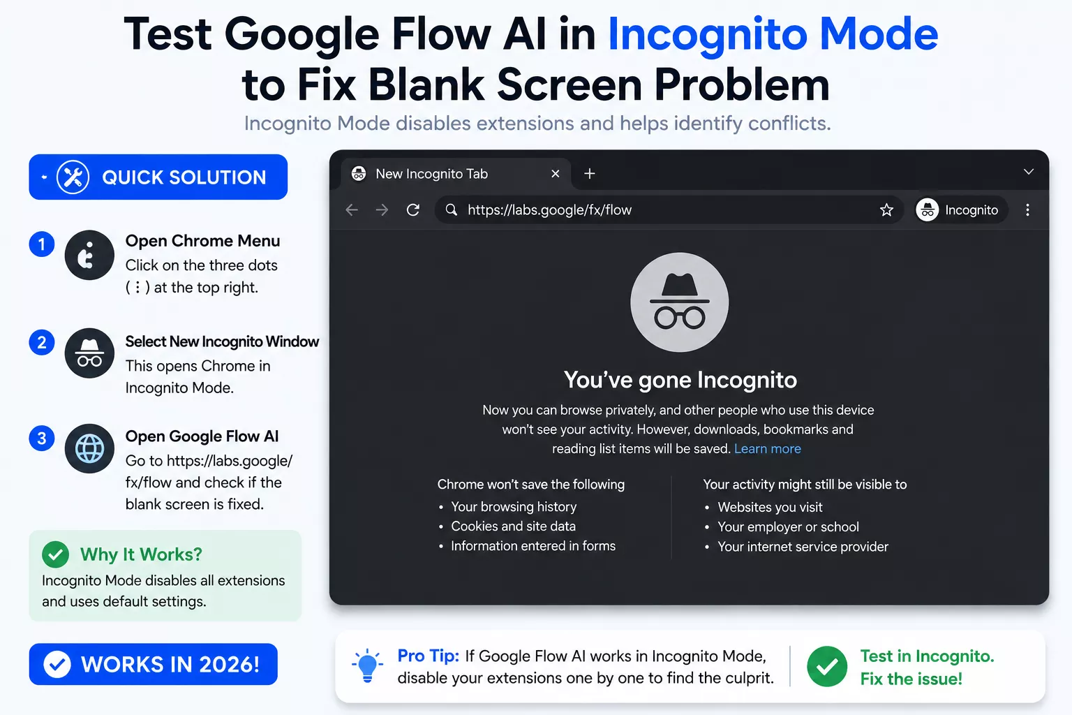 Chrome incognito mode window open to test Google Flow AI blank screen problem solution by disabling extensions
