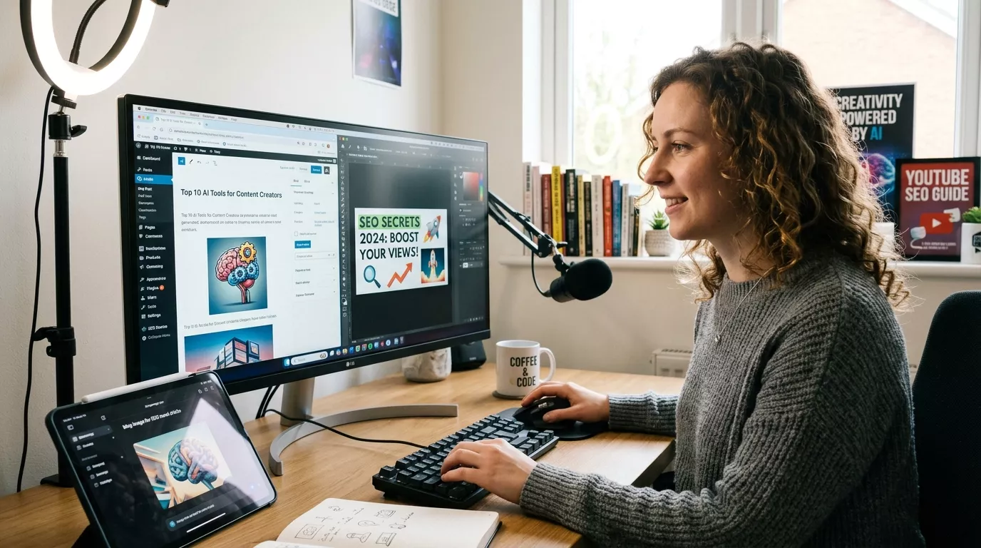 Content creator using AI tools to generate blog images and YouTube thumbnails for SEO-optimized content