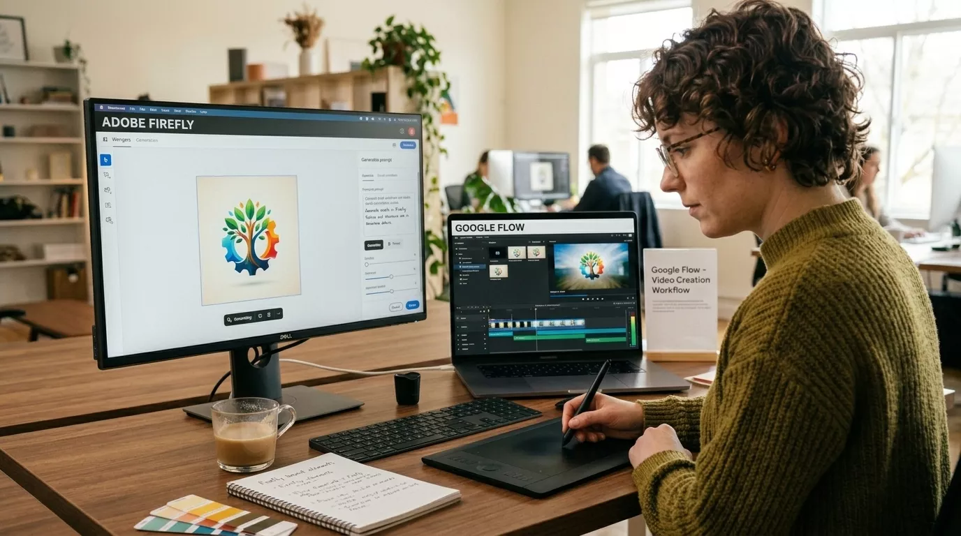 Creative professional using Adobe Firefly for brand design alongside Google Flow for video content creation