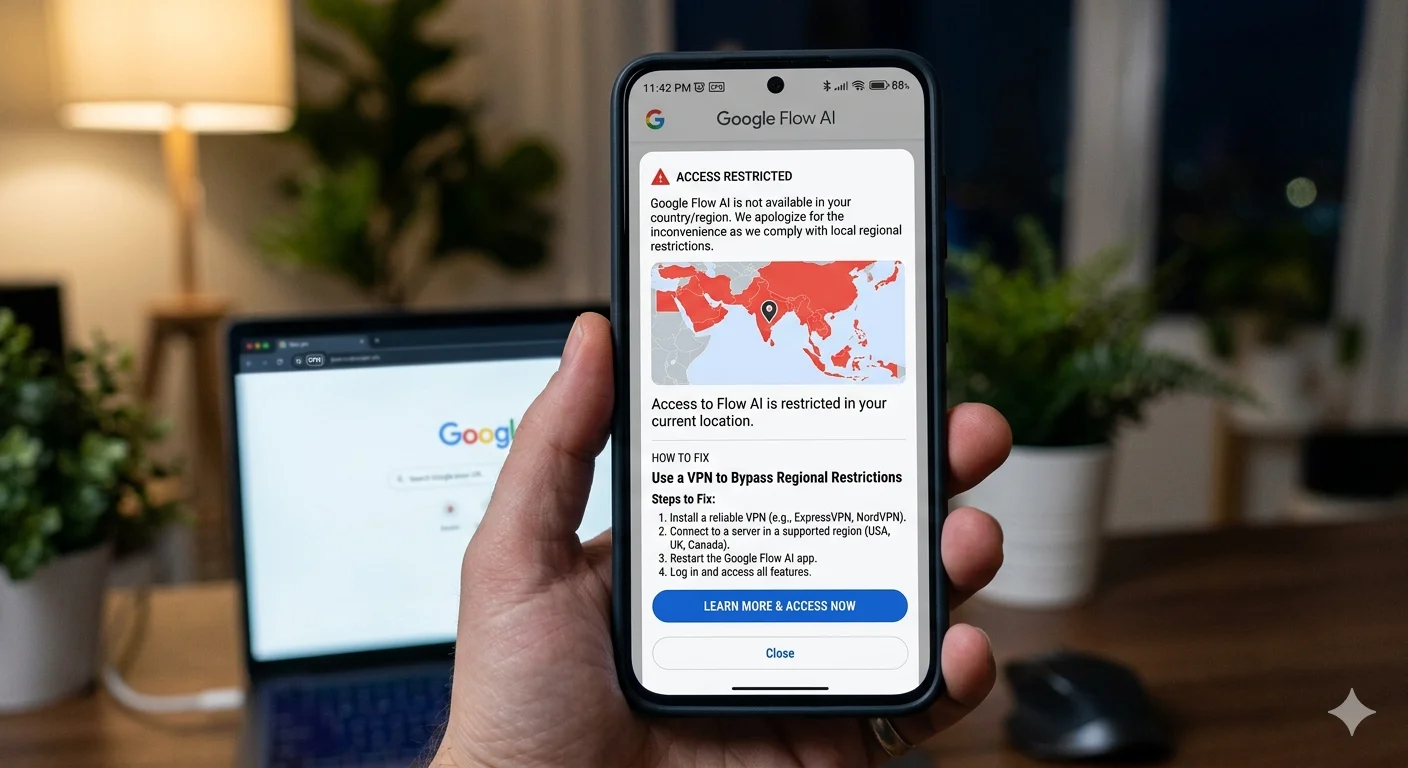 Google Flow AI not available in your country error message showing regional restriction and VPN fix method for blocked regions