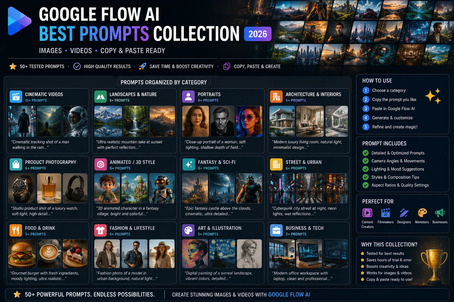 Google Flow AI best prompts collection 2026 images videos copy paste ready Caption 50+ tested prompts for Goog