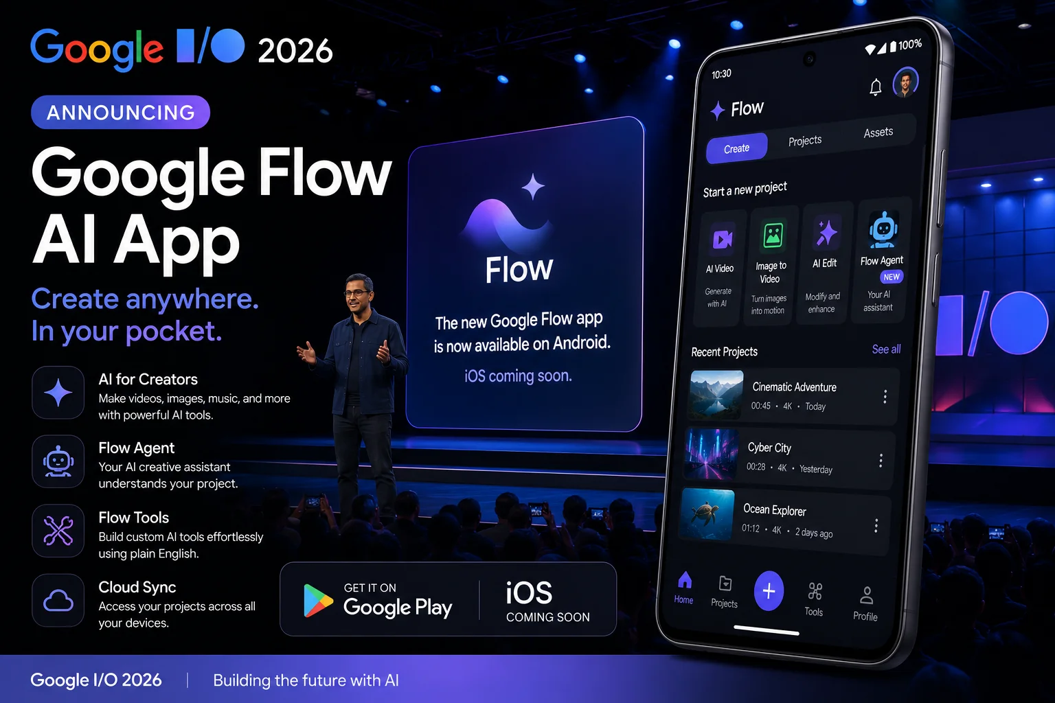 Google Flow AI mobile app announcement at Google I/O 2026