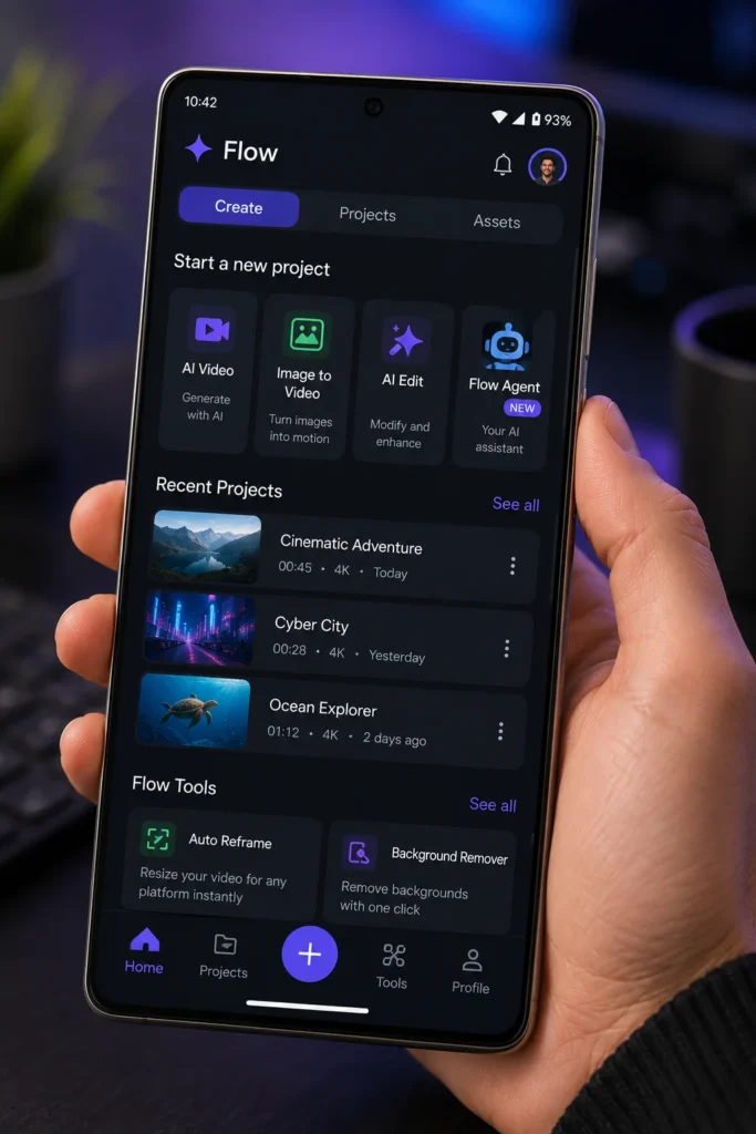 Google Flow AI mobile app interface on Android smartphone in 2026