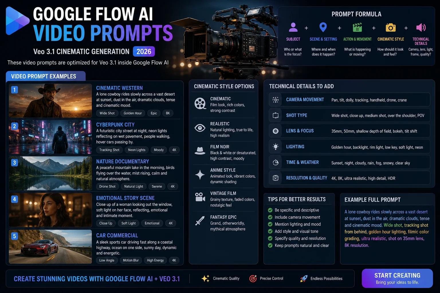 Google Flow AI video prompts Veo 3.1 cinematic generation 2026 examples Caption These video prompts are optimized for Veo 3.1 inside Google Flow AI USE Place this image right after this heading — before the paragraph below