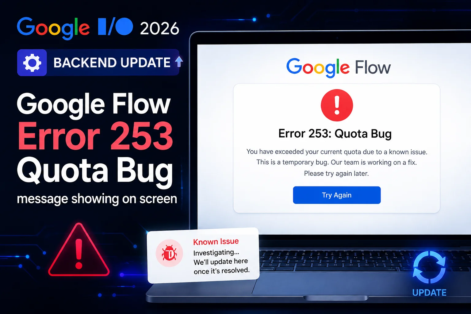 Google Flow Error 253 quota bug message showing on screen after Google IO 2026 backend update