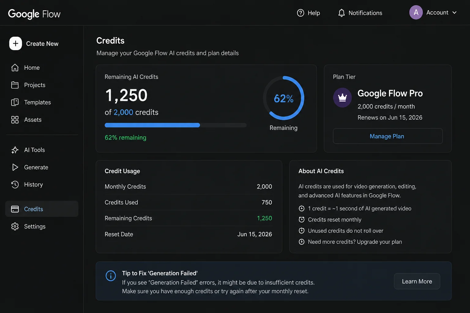 Google Flow credit balance screen showing remaining AI credits and plan tier to diagnose Google Flow generation failed fix