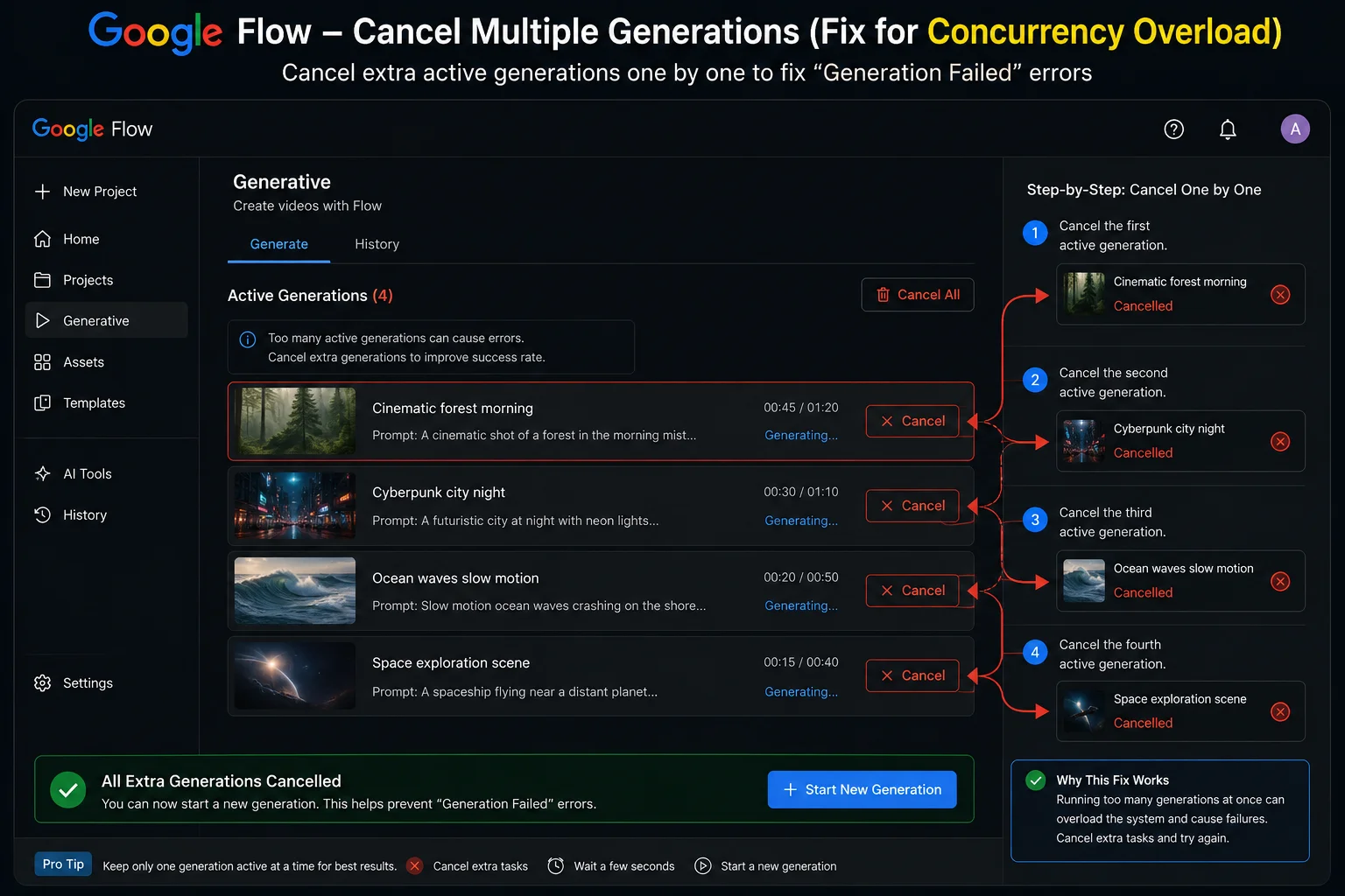 Google Flow interface showing multiple active generations being cancelled one by one as Google Flow generation failed fix for concurrency overload
