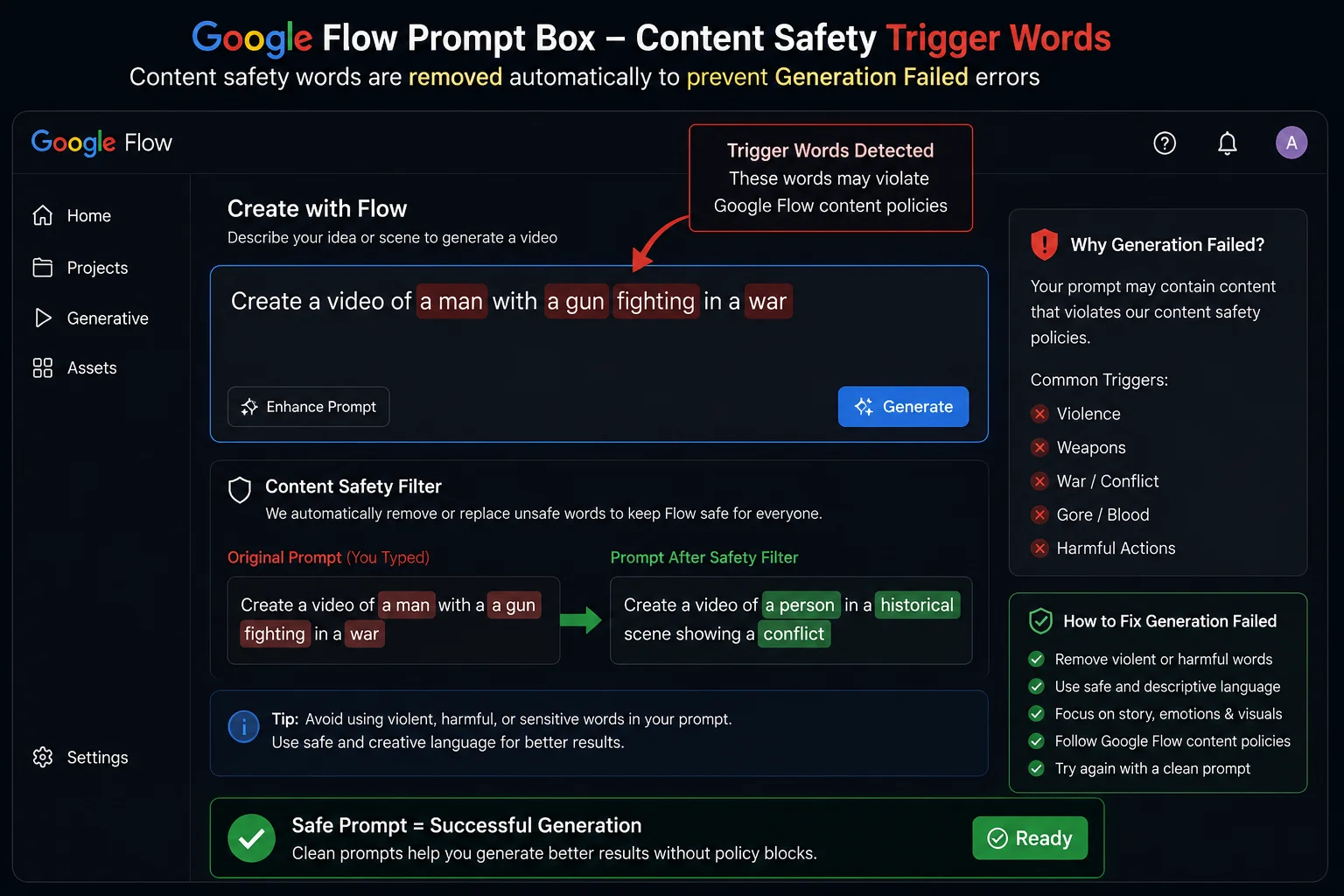 Google Flow prompt box showing content safety trigger words being removed as part of Google Flow generation failed fix for policy blocks