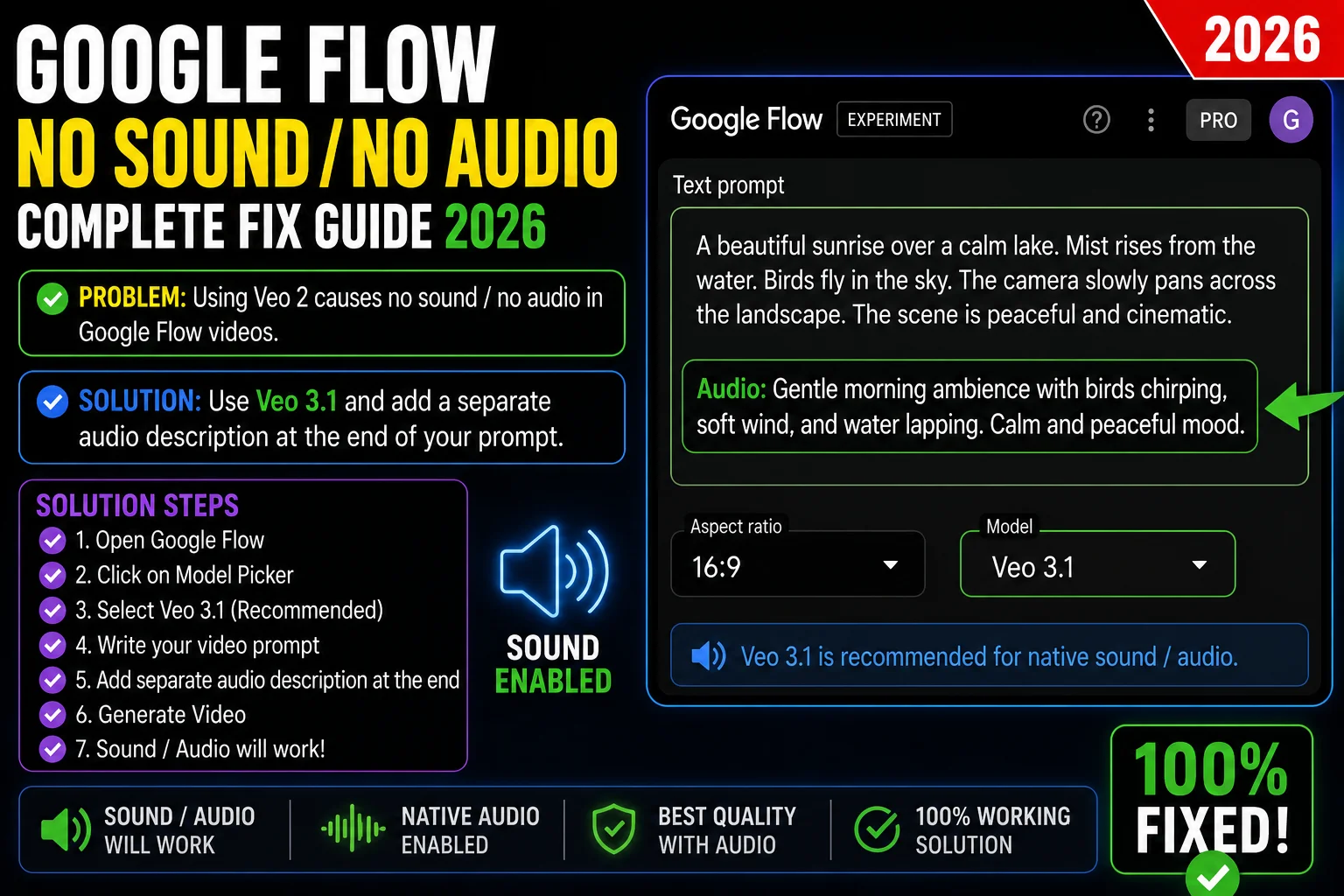 Google Flow text prompt box showing separate audio description sentence added at end to fix Google Flow no sound no audio problem solution