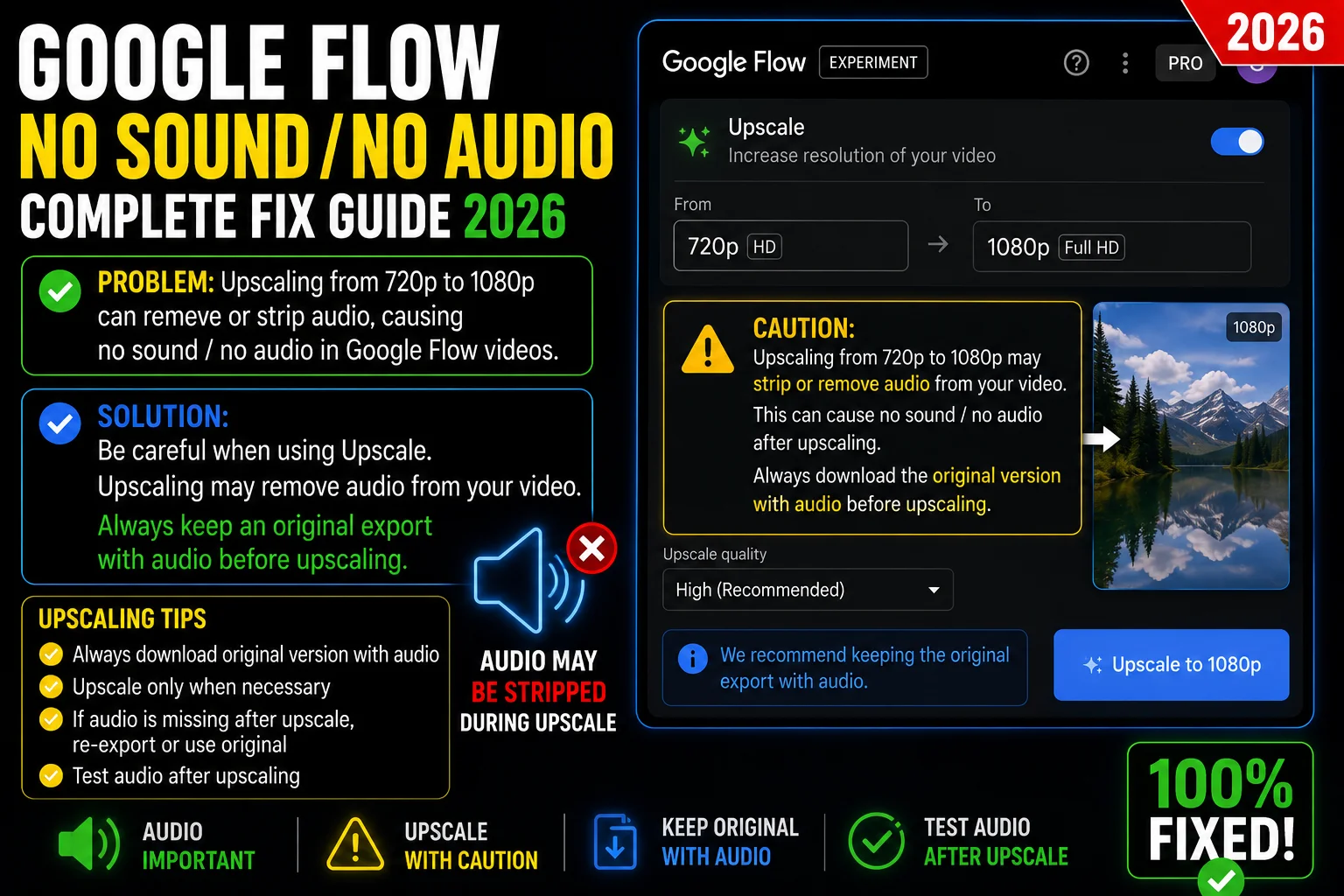 Google Flow upscaling option showing caution about audio being stripped during 720p to 1080p upscale causing Google Flow no sound no audio problem