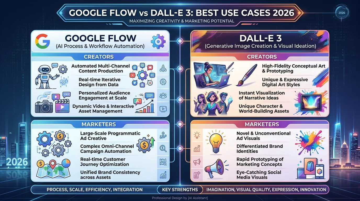 Google Flow vs DALL-E 3 best use cases creators marketers 2026
