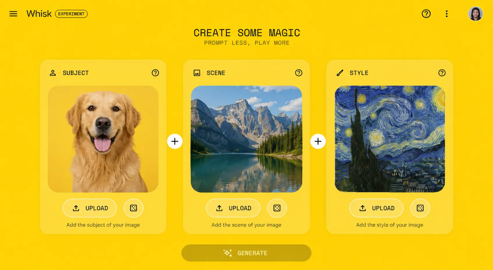 Google Whisk AI app interface showing subject, scene, and style image upload panels side by side