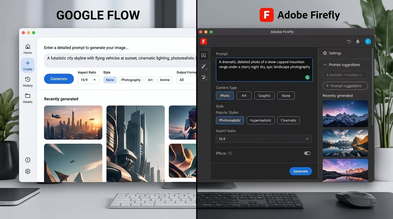 Side-by-side comparison of Google Flow and Adobe Firefly user interface showing prompt input screens