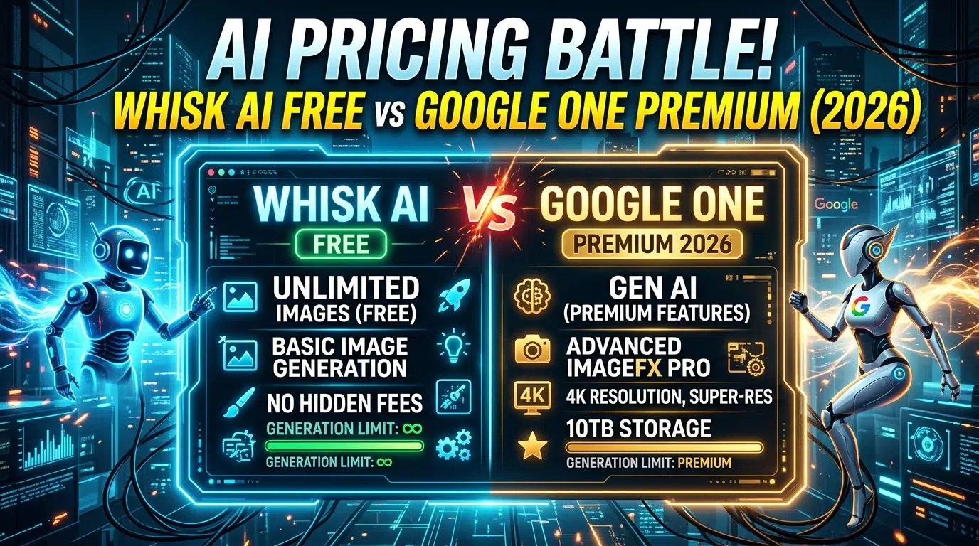 Whisk AI 2026 pricing comparison showing free tier versus Google One subscription features and generation limits
