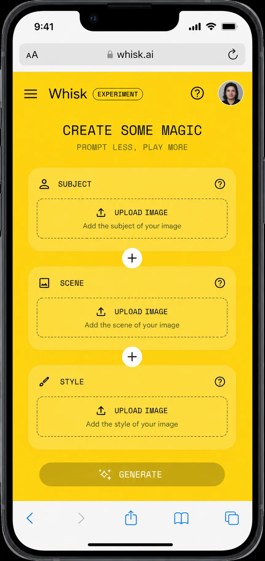 Whisk AI app loading on a smartphone browser screen showing the three upload panels on mobile layout