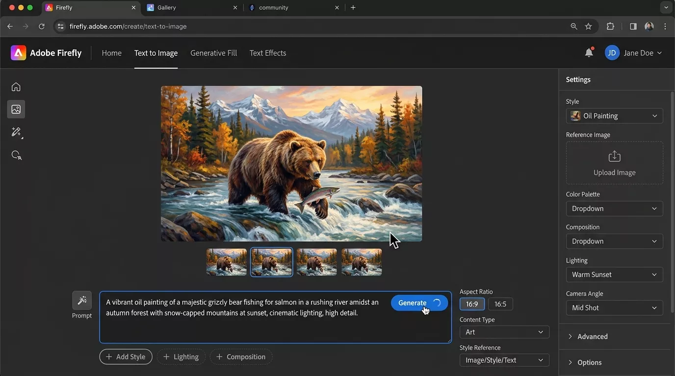 Adobe Firefly AI image generator dashboard showing text-to-image creation interface