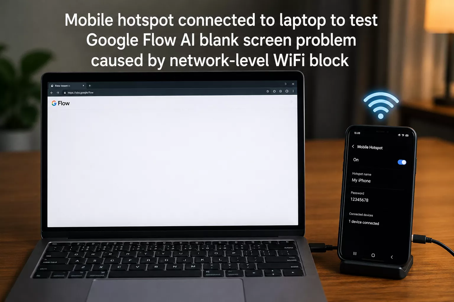 next imageMobile hotspot connected to laptop to test Google Flow AI blank screen problem caused by network-level WiFi block