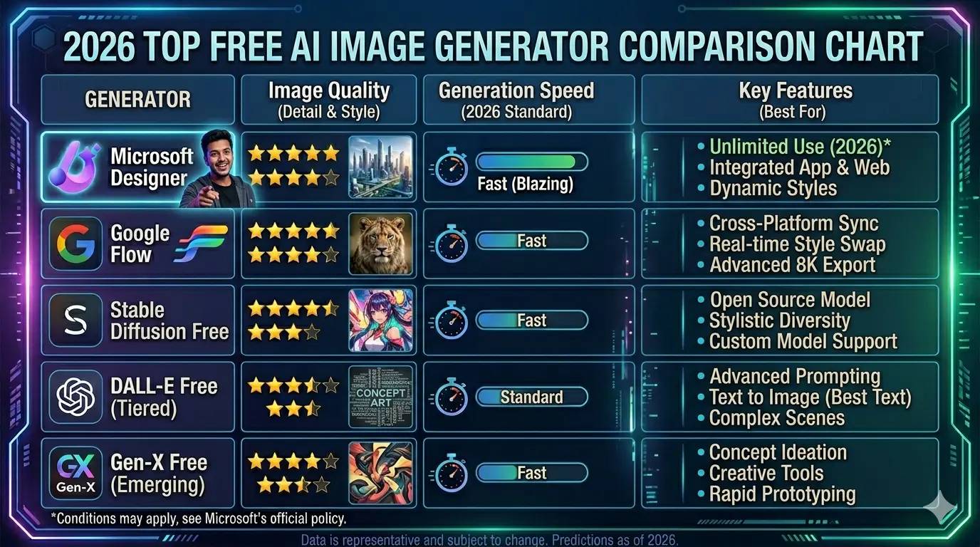 free AI image generator comparison chart quality speed 2026