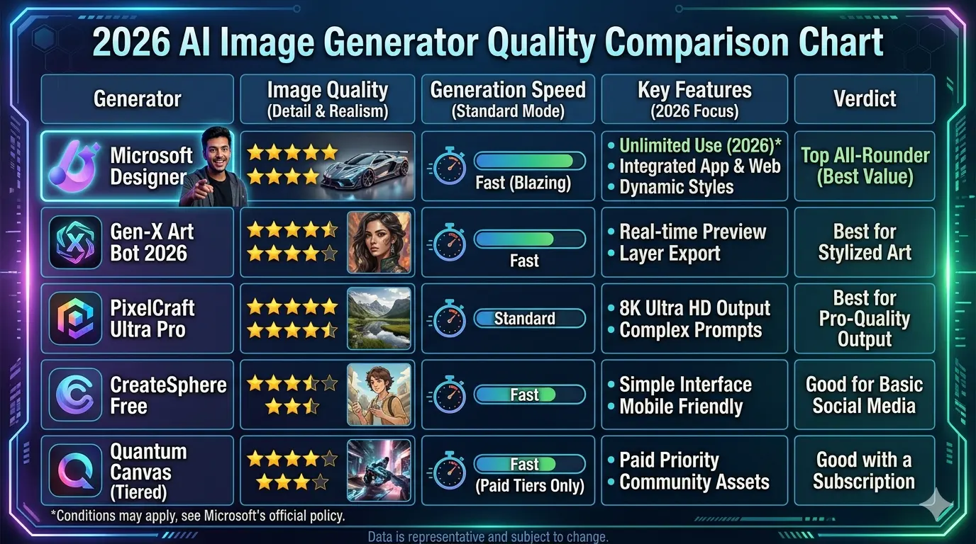 Quality comparison infographicfree AI image generator comparison chart quality speed 2026