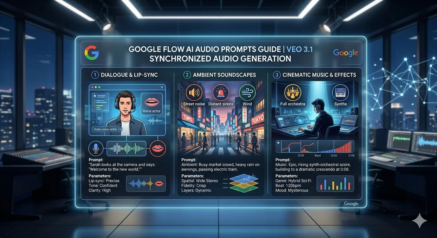 Google Flow AI audio prompts guide showing Veo 3.1 synchronized audio generation for dialogue ambient sound and music
