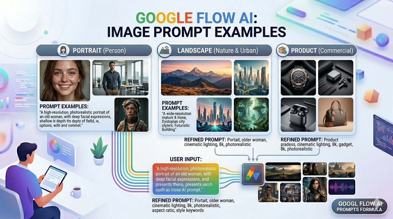 Google Flow AI image prompts results showing portrait landscape and product photography outputs from tested prompts