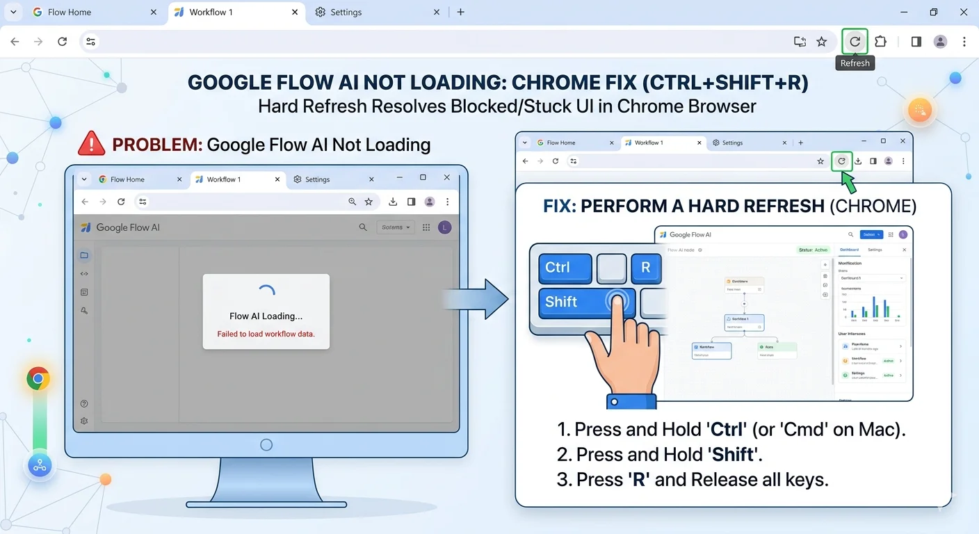 Chrome browser showing hard refresh shortcut Ctrl Shift R to fix Google Flow AI not loading or blank screen problems
