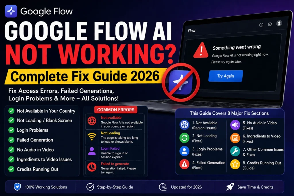 Google Flow AI not working error screen showing complete troubleshooting fix guide for access errors failed generations and login problems 2026