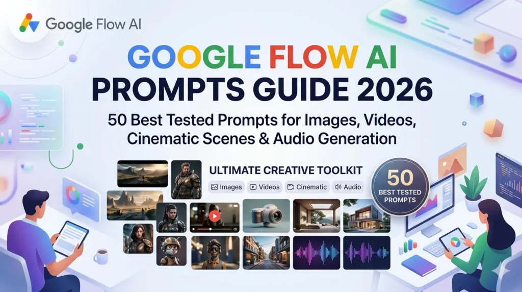 Google Flow AI prompts guide 2026 showing 50 best tested prompts for images videos cinematic scenes and audio generation