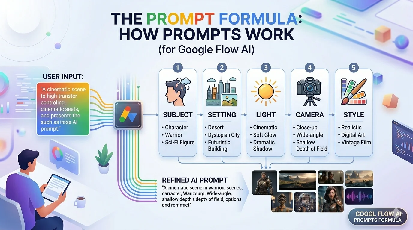 Google Flow AI prompts formula diagram showing four elements subject setting light and camera for best image and video results