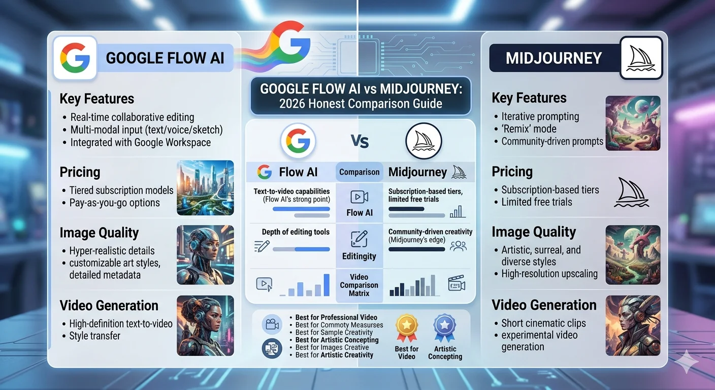 Google Flow AI vs Midjourney 2026 honest comparison showing features pricing image quality and video generation differences