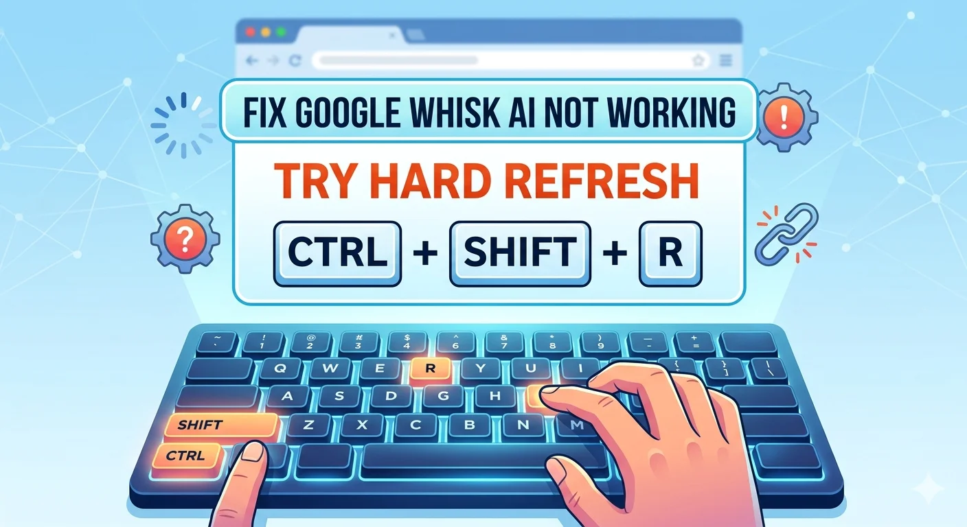 Browser keyboard shortcut showing Ctrl Shift R hard refresh to fix Google Whisk AI not working or loading issues
