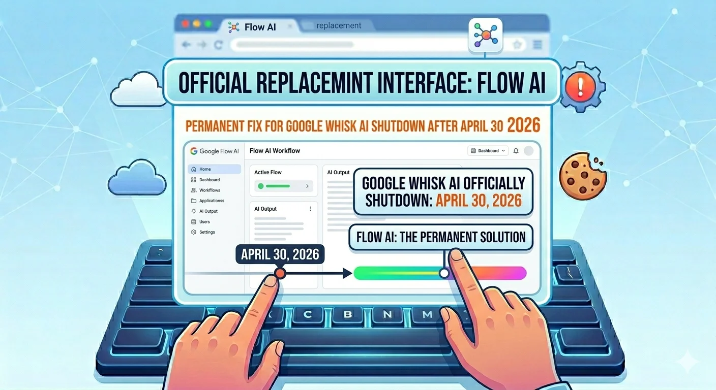 Google Flow AI interface showing permanent fix for Google Whisk AI not working after April 30 2026 shutdown as the official replacement