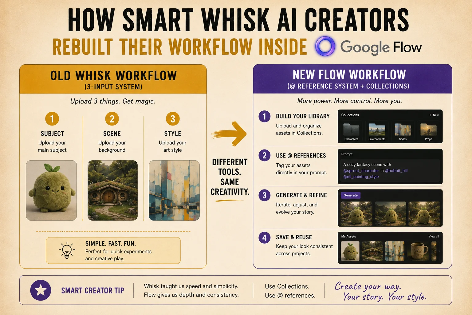 Whisk AI creators adapting to Google Flow workflow 2026 showing @ reference system and collections