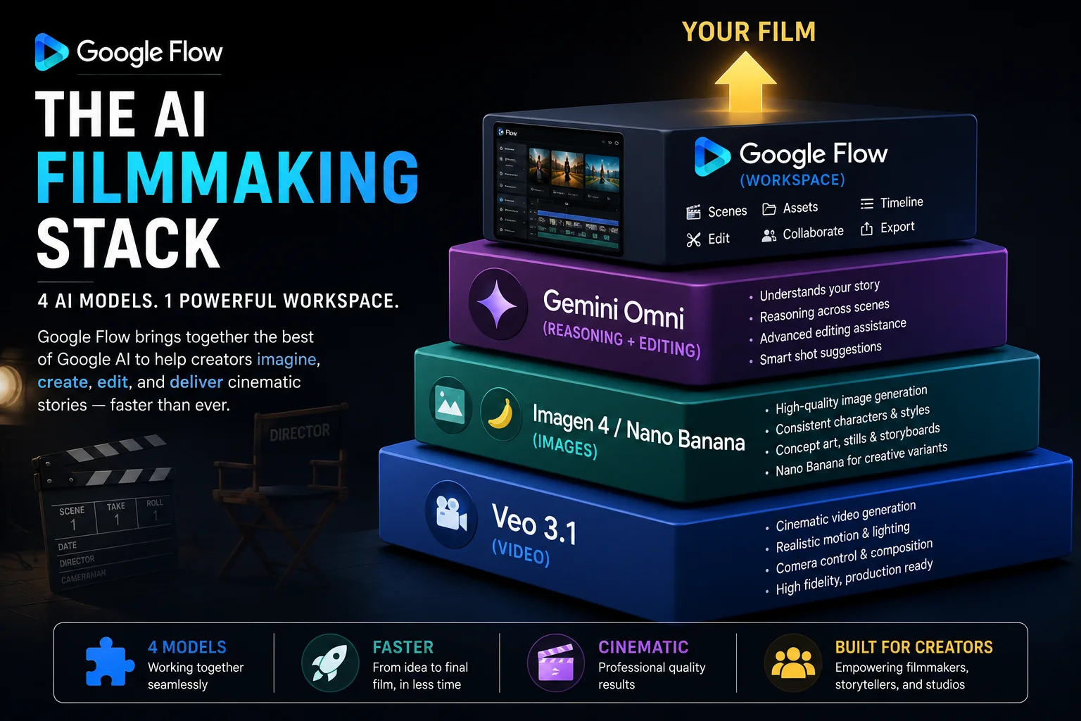 Google Flow AI filmmaking stack 2026 showing Veo 3.1 Imagen 4 Gemini Omni and Nano Banana models working together
