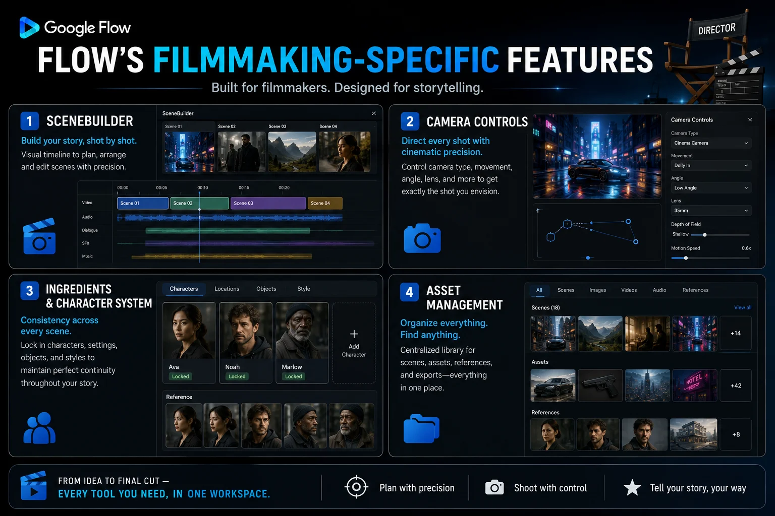 Google Flow filmmaking features 2026 showing SceneBuilder timeline camera controls and character consistency